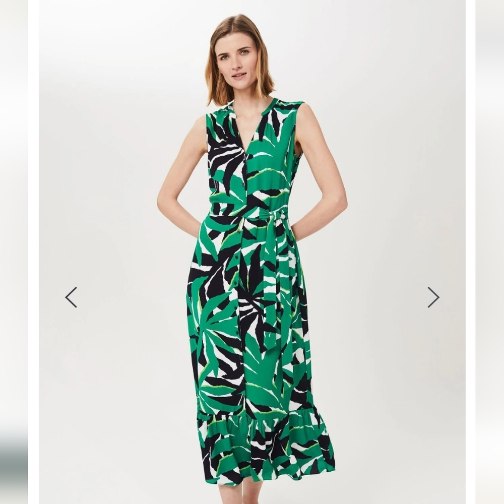 HOBBS Green Multi Laurenza Printed Sleeveless Button Down Midi Dress Size 8